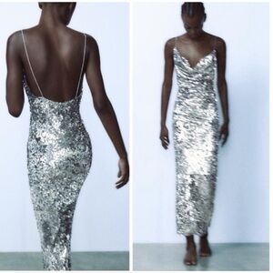 NWT Zara Silver Sequin Maxi Dress Size S